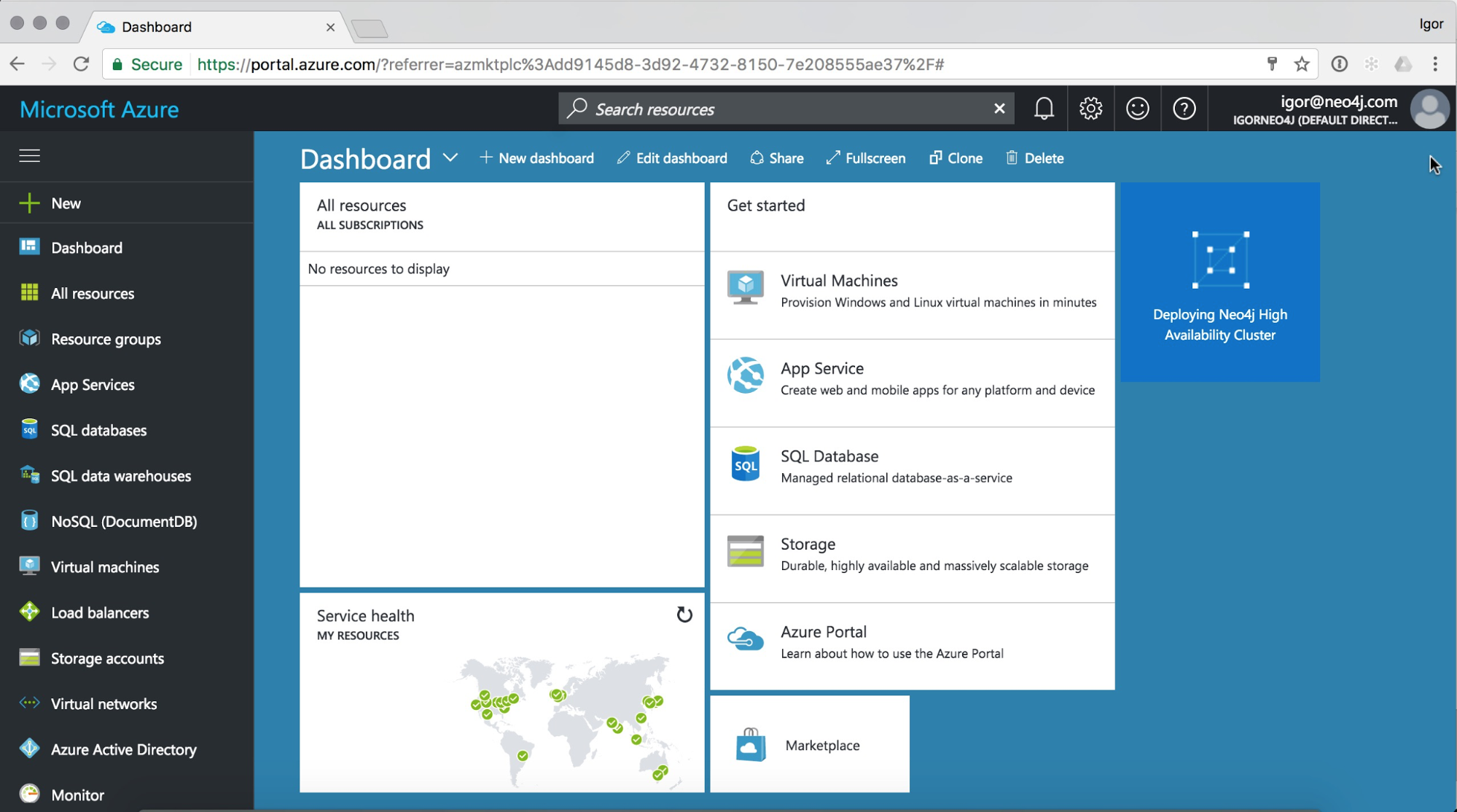 Microsoft Azure dashboard. Azure Active Directory Outlook. Azure service Health. Microsoft Azure cognitive search. Azure portal