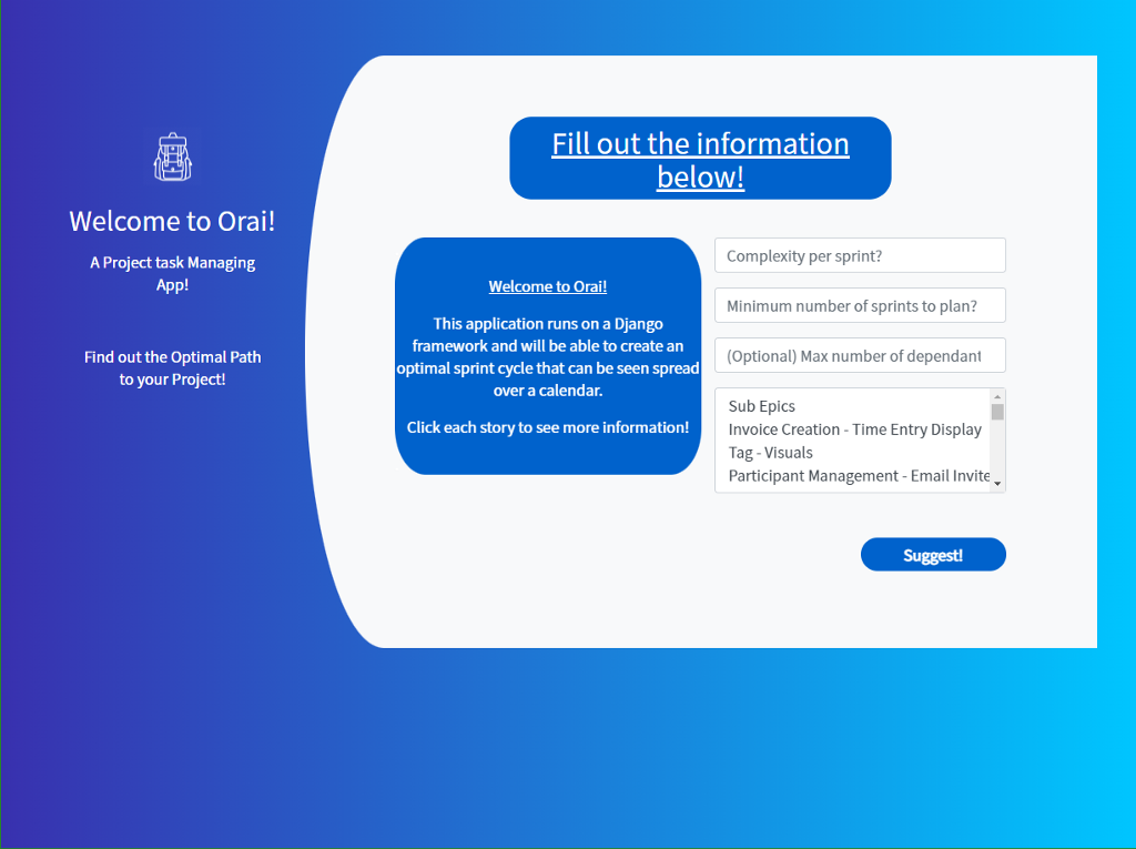 Input form for the project planning and dependency management software, Orai