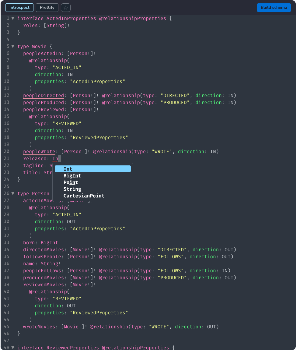 A CodeMirror v6 editor, here the type definitions editor, highlighting the auto-complete functionality