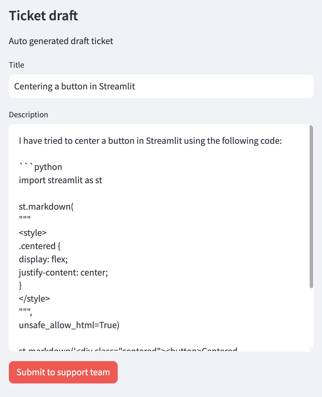 The form to enter the details of the internal ticket