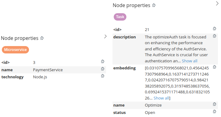 Node properties of a Microservice and Task nodes.