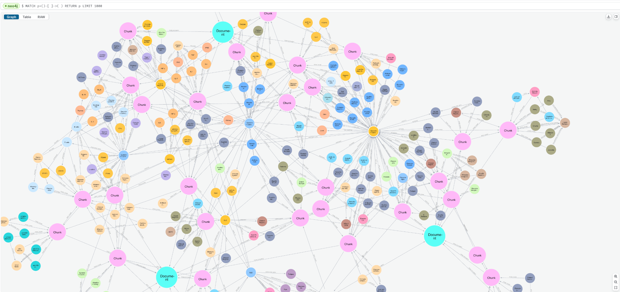 See how the Document, Chunk, and __Entity__ nodes are all connected together.