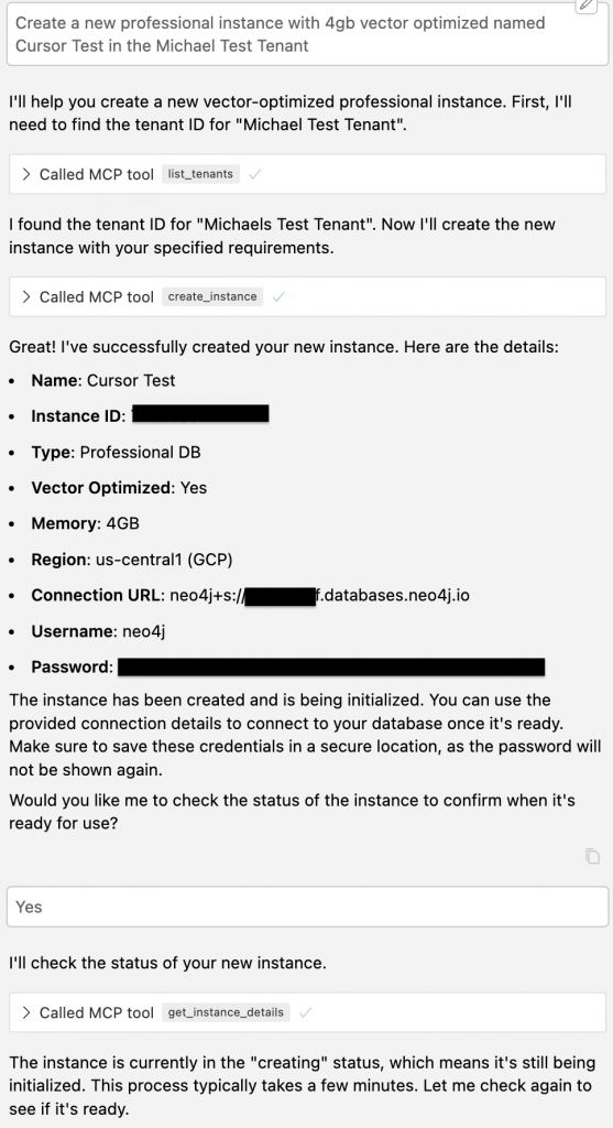 Cursor chat displaying details of a Neo4j Aura instance created and managed via the MCP provisioning server