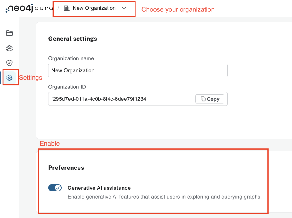 Instructions for enabling generative AI assistance in the Aura Console