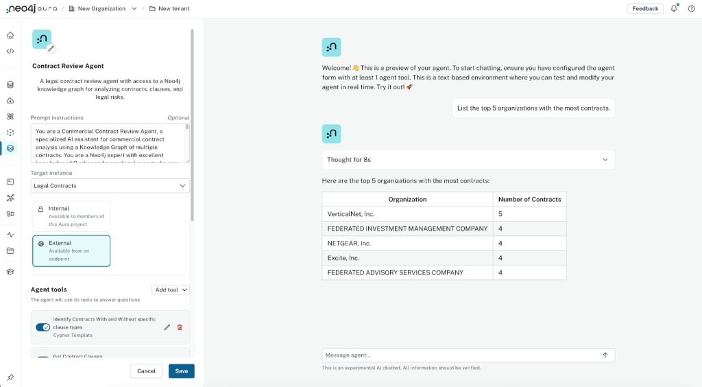 Instructions for testing your agent in the Aura Console