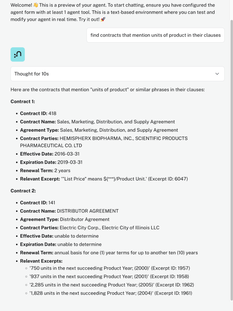 Demonstration of agent finding contracts that mention units of product in their clauses
