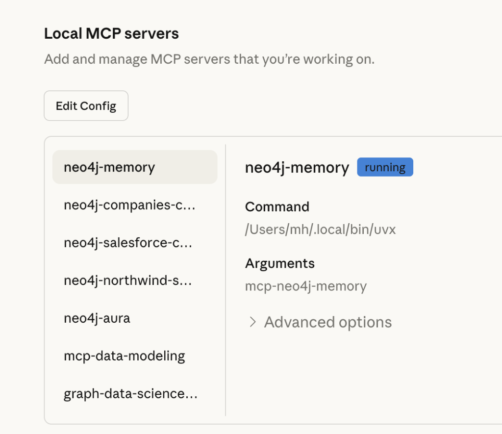 Cursor configuration screen showing a Neo4j MCP server