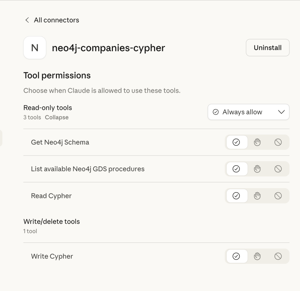 Cursor tools panel showing Neo4j MCP tools such as read-cypher and write-cypher