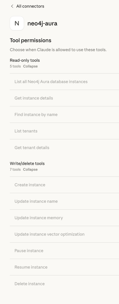Cursor tools panel showing Neo4j Aura MCP provisioning tools like list_instances and create_instance