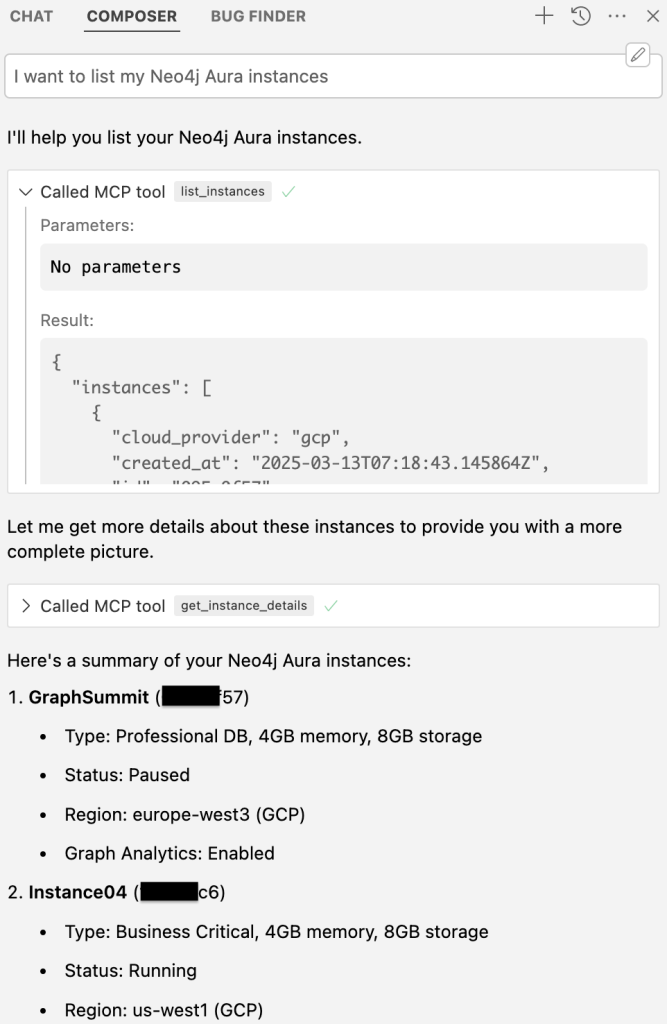 Cursor view showing a list of Neo4j Aura database instances returned by the MCP provisioning server