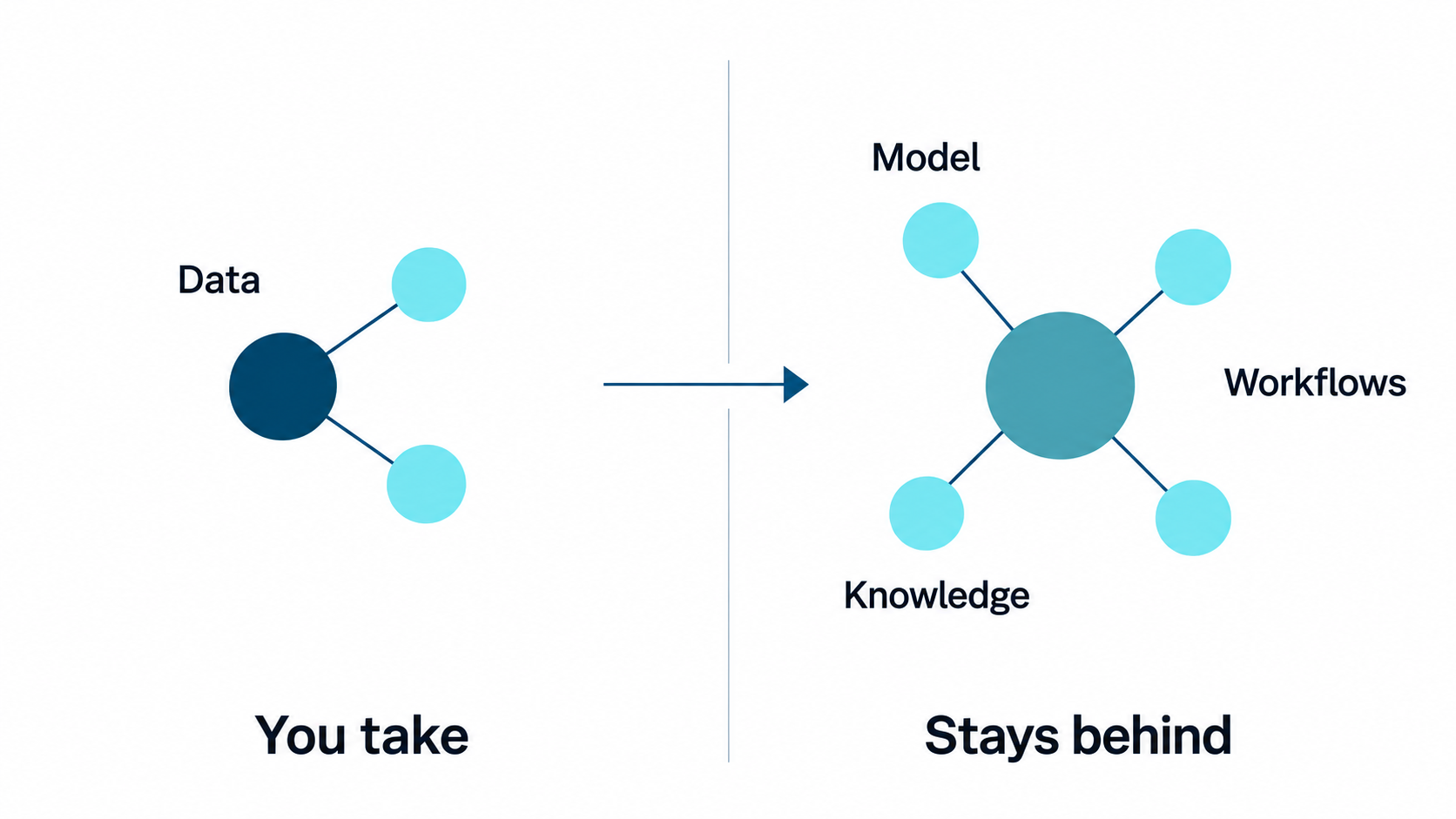 Diagram showing data moving with the customer while the model, workflows and knowledge remain behind with the vendor.