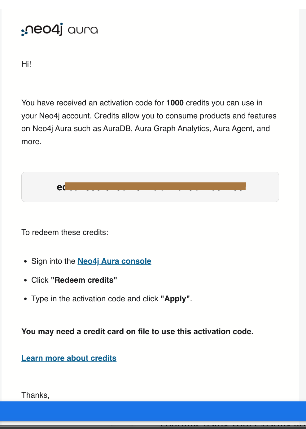 Email from Neo4j containing an activation code with steps to redeem Startup Program credits"