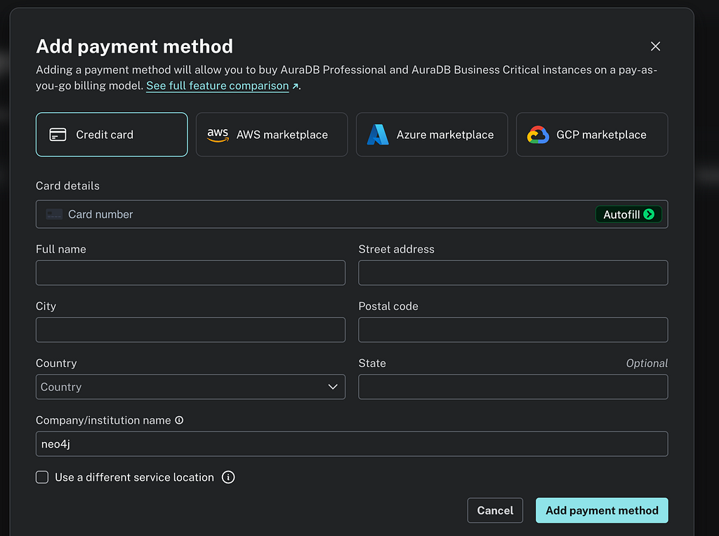 Aura Console Billing page with the Payment methods tab open and an Add payment method button