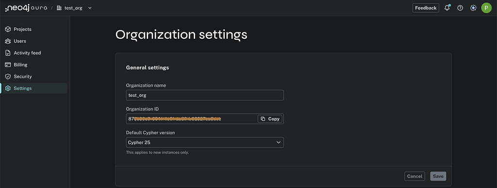Aura Console Settings page showing the Organization ID field under General settings