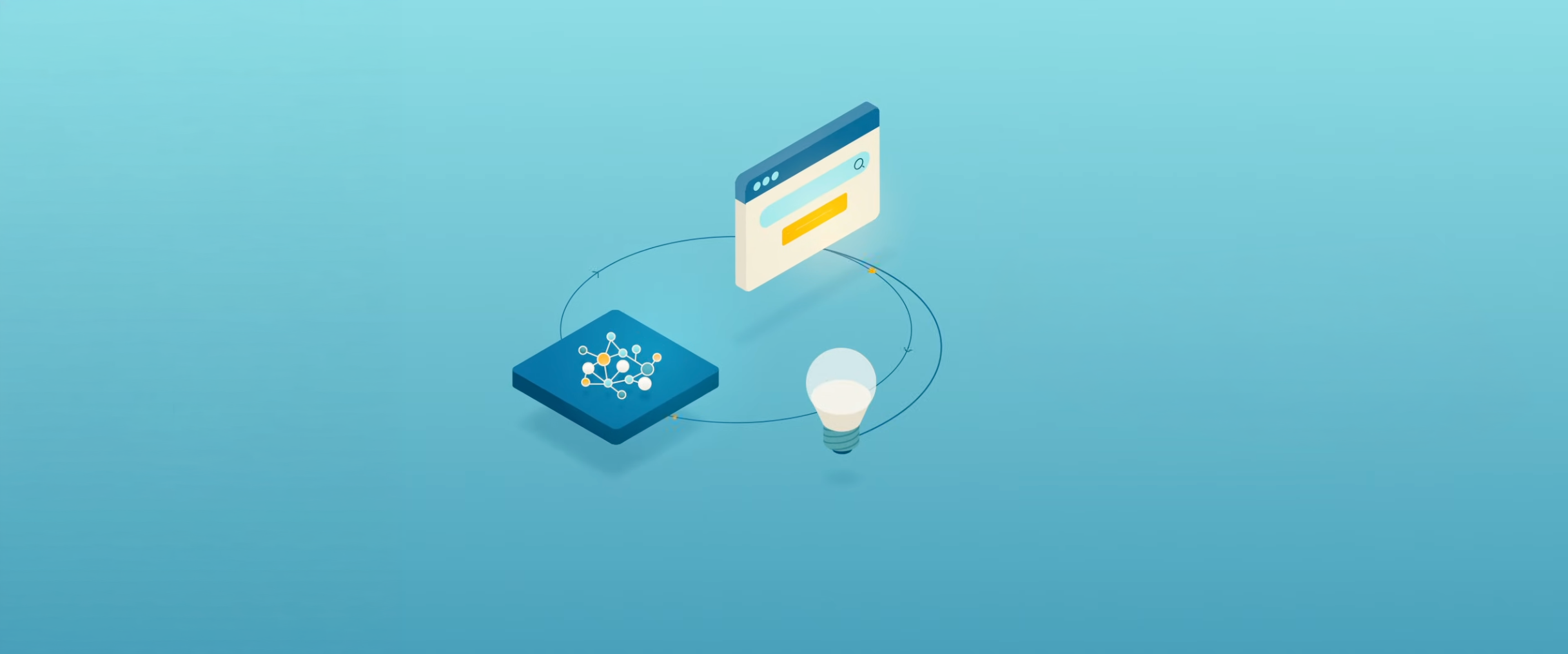 Isometric illustration of a knowledge graph connected to an AI search window and a light bulb