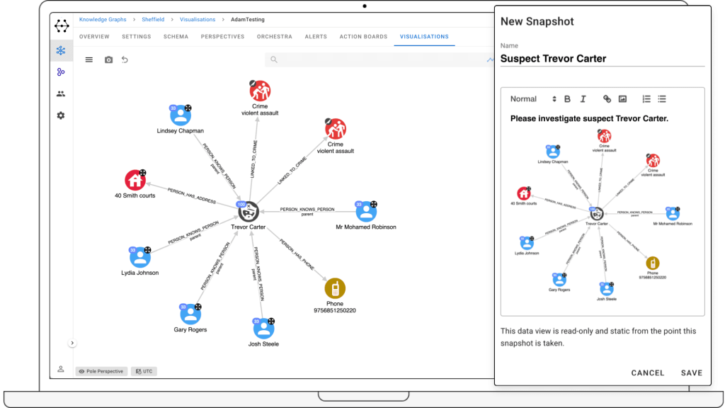 GraphAware Hume snapshot of a suspect network with notes for colleagues
