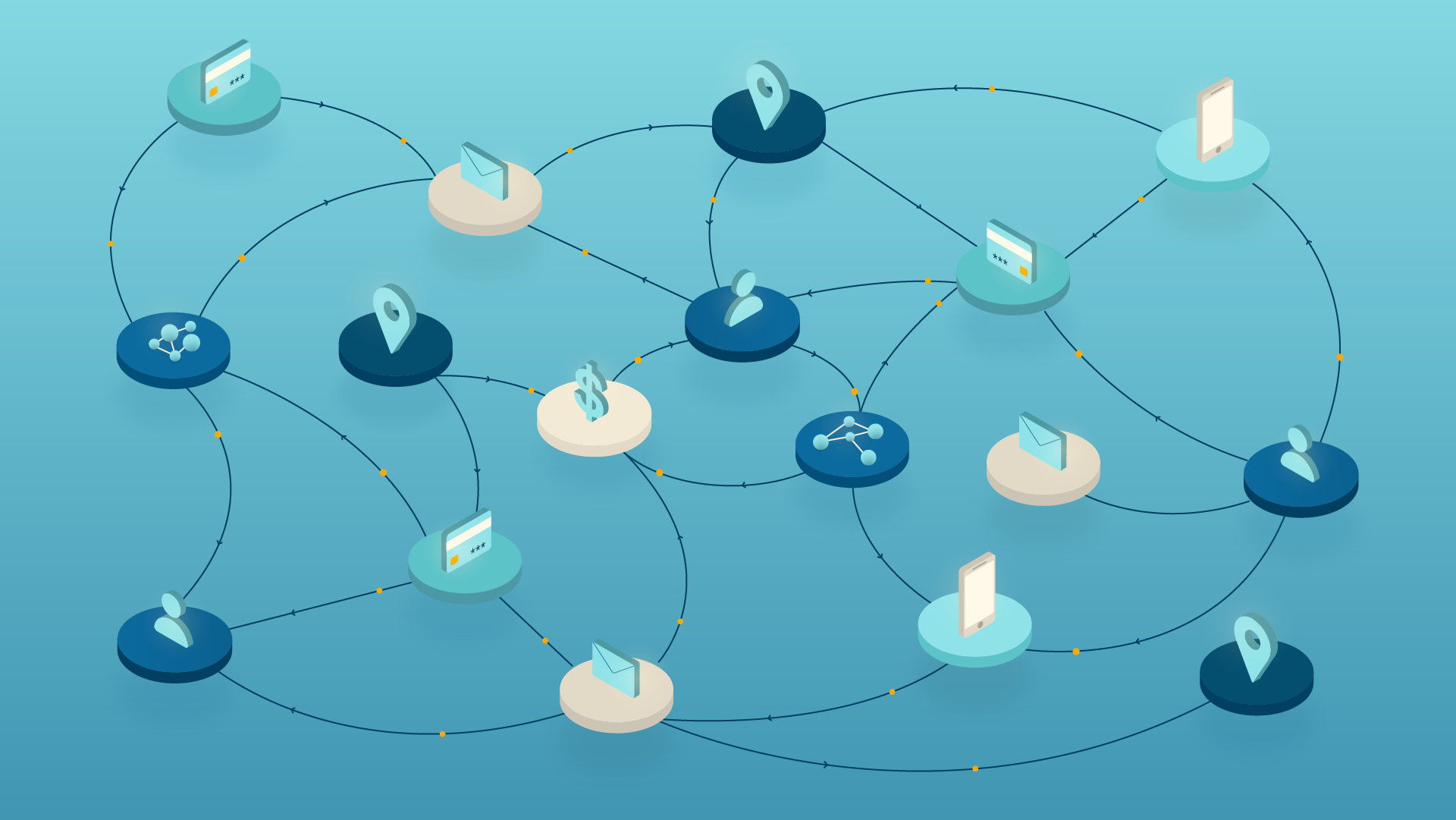 Isometric illustration of connected data nodes across a network