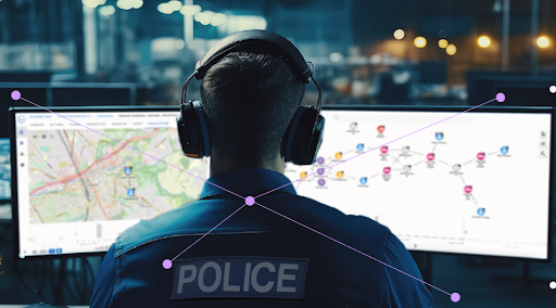Police analyst reviewing a connected intelligence map on screen