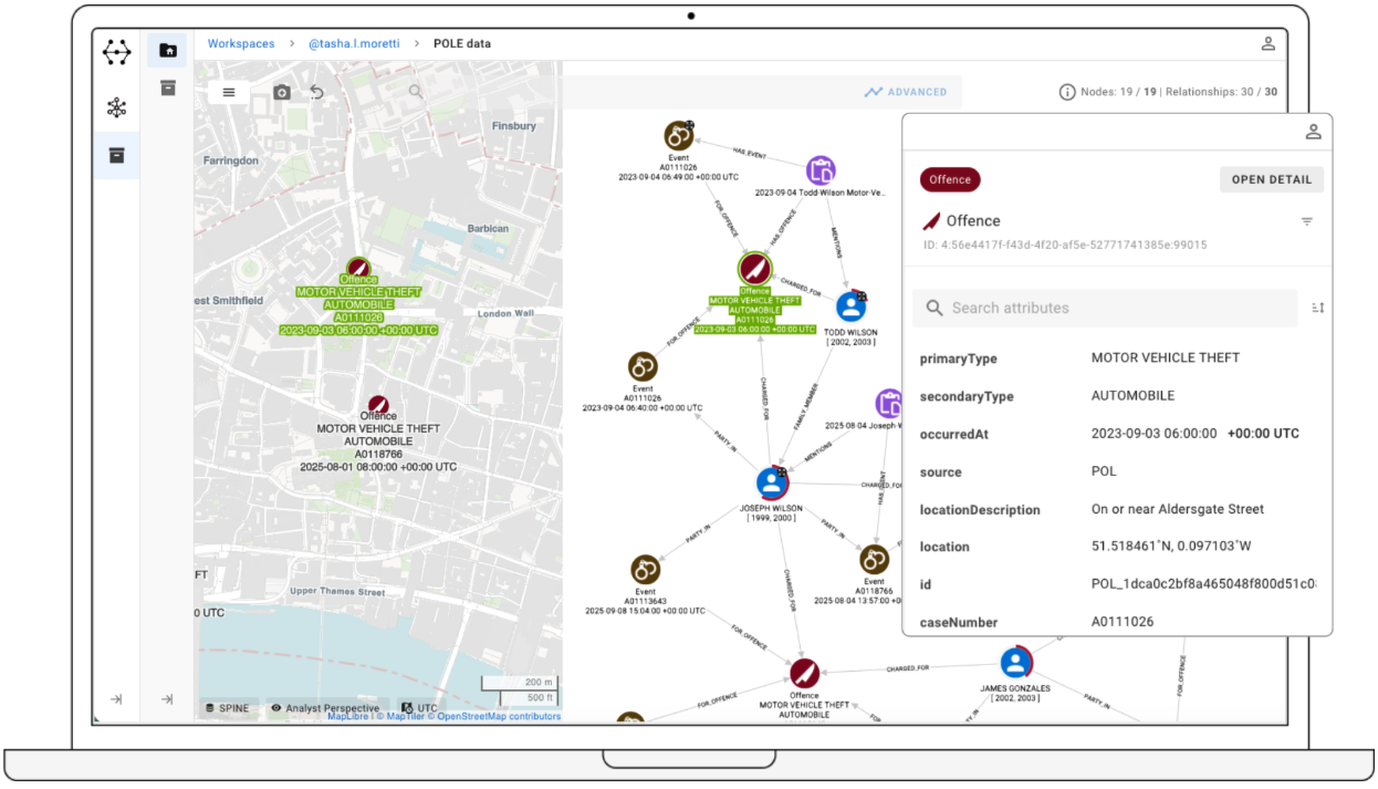 GraphAware Hume plotting offences on a map of London alongside the connected graph