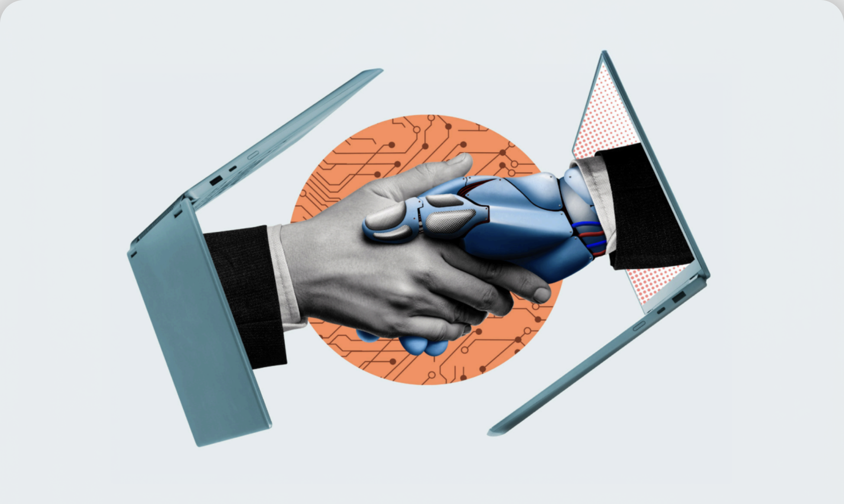 A human hand and a robot hand shaking through two laptop screens
