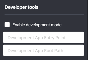 Developer Tools window with Enable development mode checkbox and fields for Entry Point and Root Path